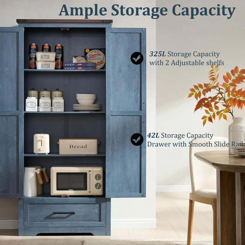 72" Farmhouse Pantry Cabinet, Wood Storage with Adjustable Shelves, Barn Doors & Drawer, Rustic Blue
