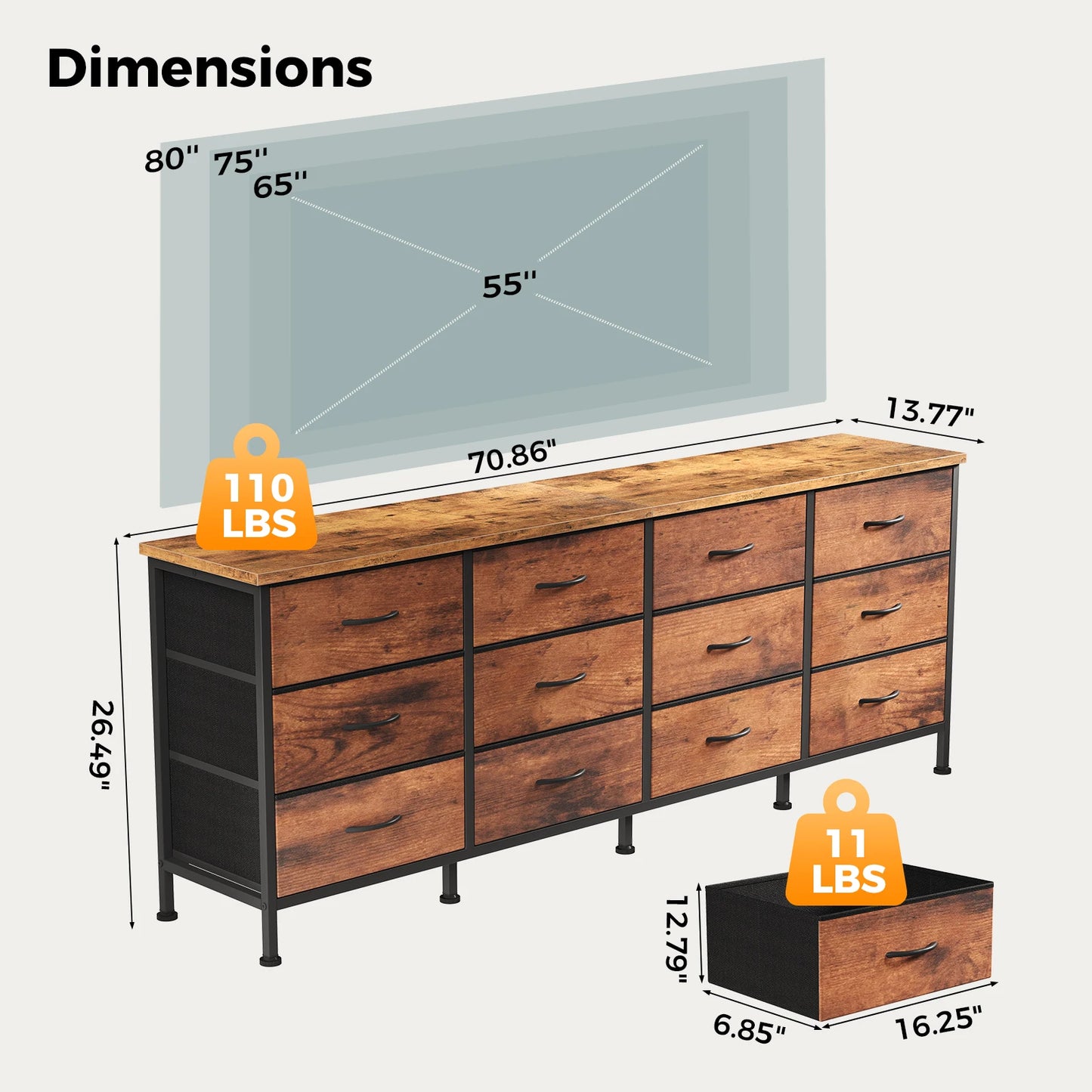 JHK 12 Fabric Cabinet For Living Room Drawers Beside Nightstand Tables Wood Top Entertainment Center Large Fabric TV Consoles for Bedroom Up to 80'' TVs Storage Closet Chest Clothes Display Of Furniture