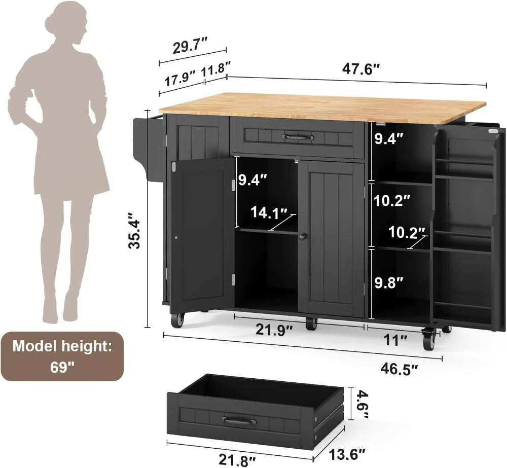 Rolling Kitchen Island on Wheels, Storage Cart with Spice Rack, Towel Rack, Knife Holder, Drop Leaf, Black