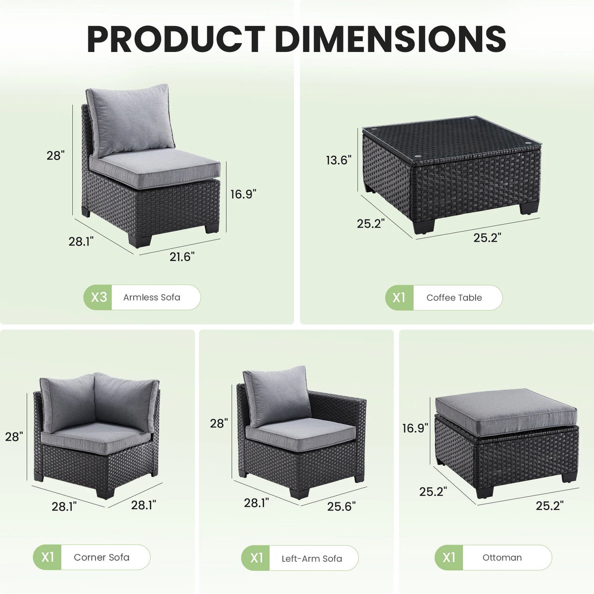 Farini Patio Sectional Sofa Set, Outdoor Furniture with Ottoman, Water/Oil/Stain-Resistant Fabric, Dark Gray Cushion + Gray Wick