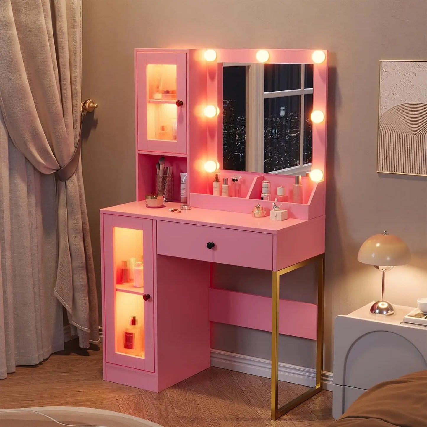 LED Vanity Mirror Desk With USB Charging And Storage Cabinet