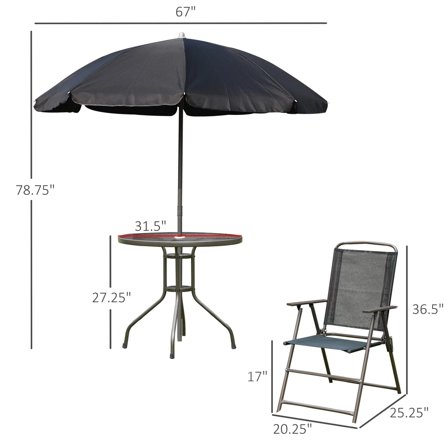 6 Piece Patio Dining Set with Umbrella, 4 Folding Chairs & Glass Table, Black and Coffee