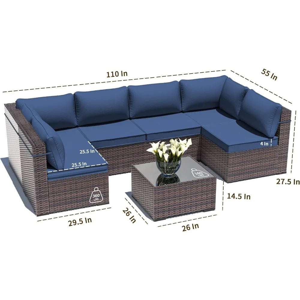 7-Piece Outdoor Patio Sectional Sofa Set All-Weather PE Rattan Conversation Set with Tempered Glass Table and Navy Blue