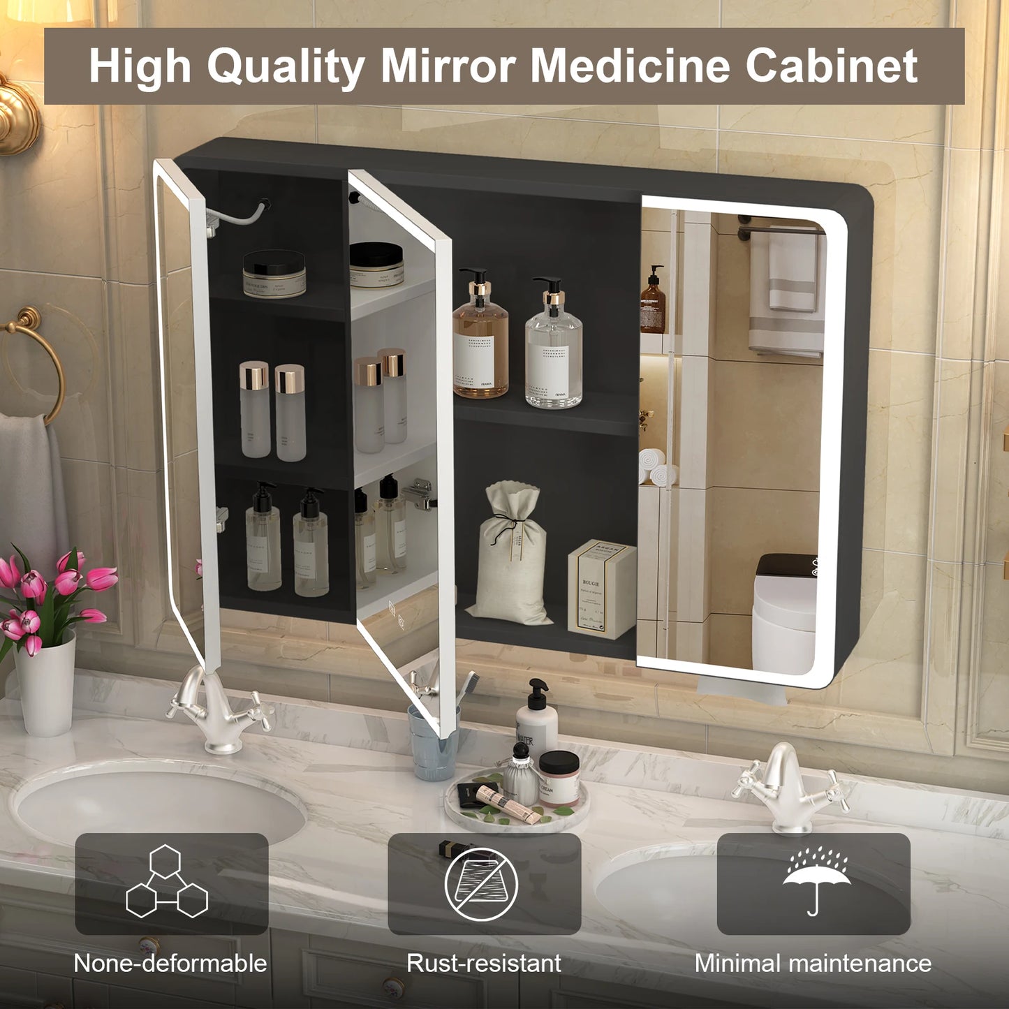 led mirror bathroom Large LED Lighted Medicine Cabinet w/ Mirror 2 Doors Medicine Cabinet Bathroom