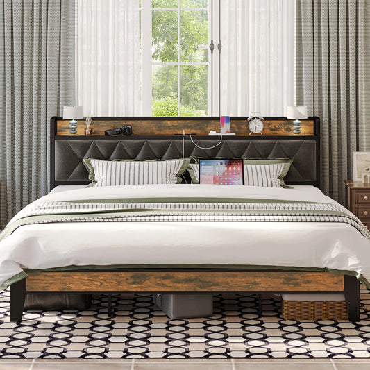 ANCTOR Twin/Full Bed Frames, Storage Headboard with Outlets, No Noise, No Box Springs Needed