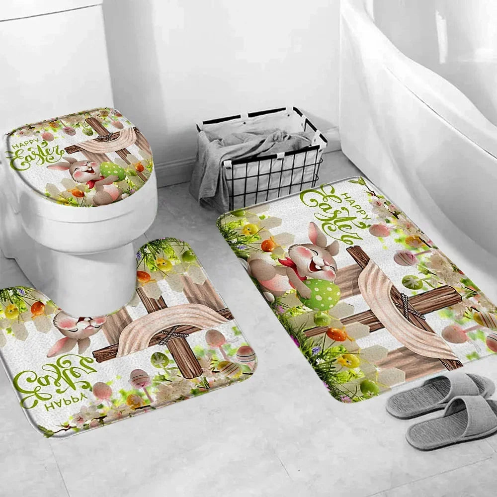 Happy Easter Bath Rug Set With Bunny Truck Eggs Decor