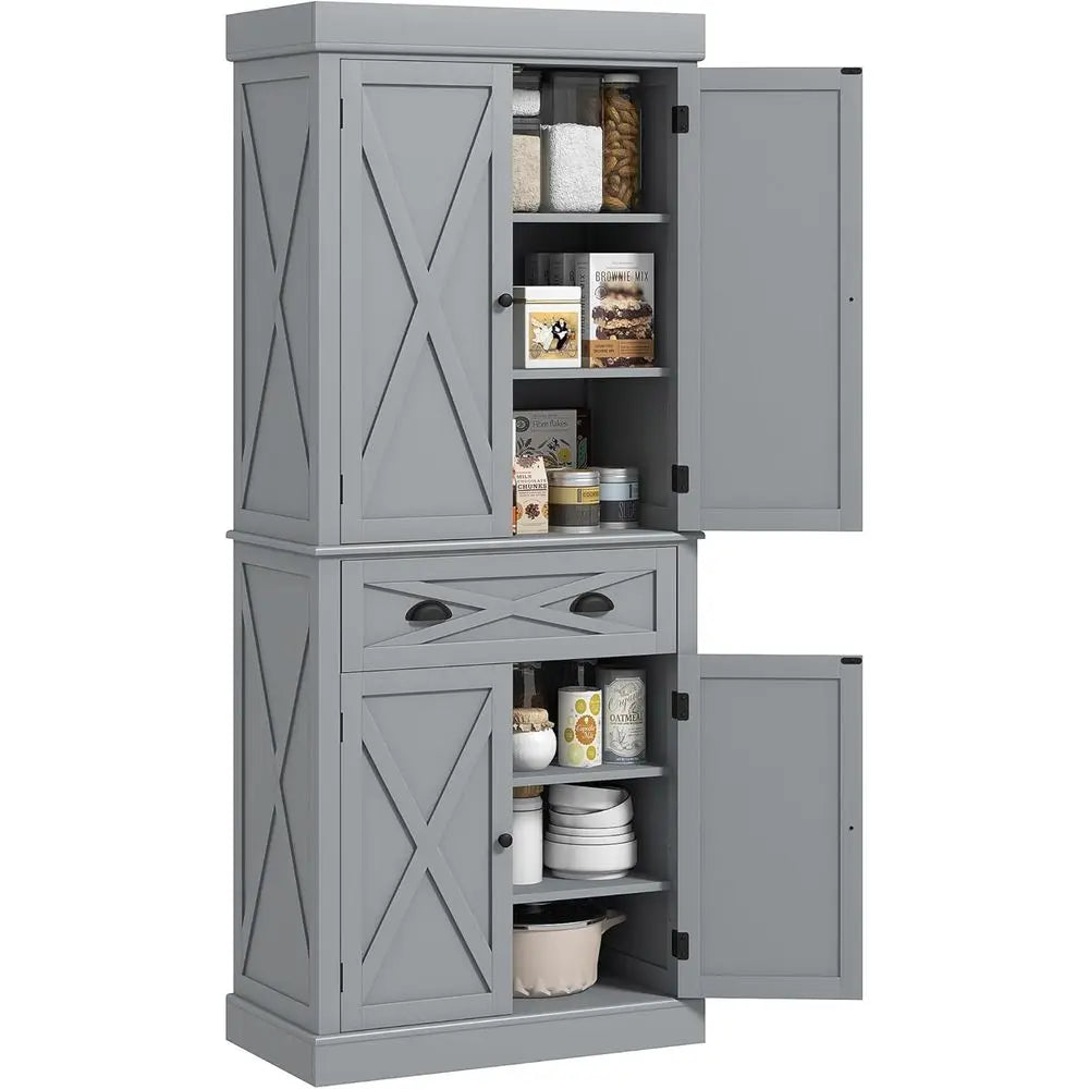 72" Kitchen Pantry Storage Cabinet, Traditional reestanding Pantry Cabinet with 4 Doand 2 Adjustable Shelves, Large Central Der,