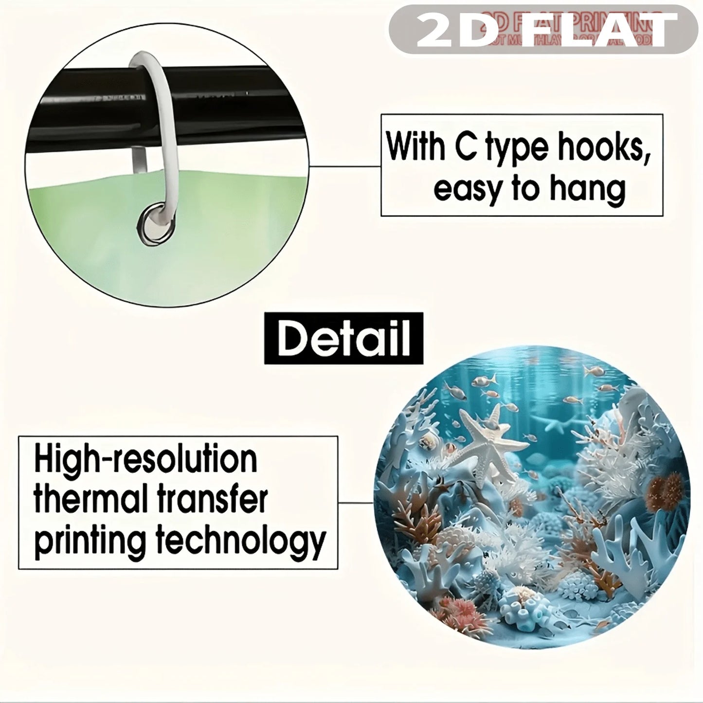 1pc/ 4pcs 2D FLAT Underwater Coral Reef Scene Pattern Shower Curtain Set, with Bath Mat, U-shaped Mat, Toilet Lid Cover