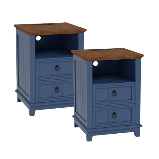 Modern Wood Nightstand With USB Charging Station And Two Drawers