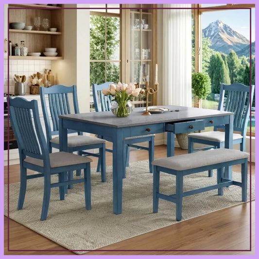 6-Piece Farmhouse Dining Table Set for 6, Solid Wood, Antique Blue