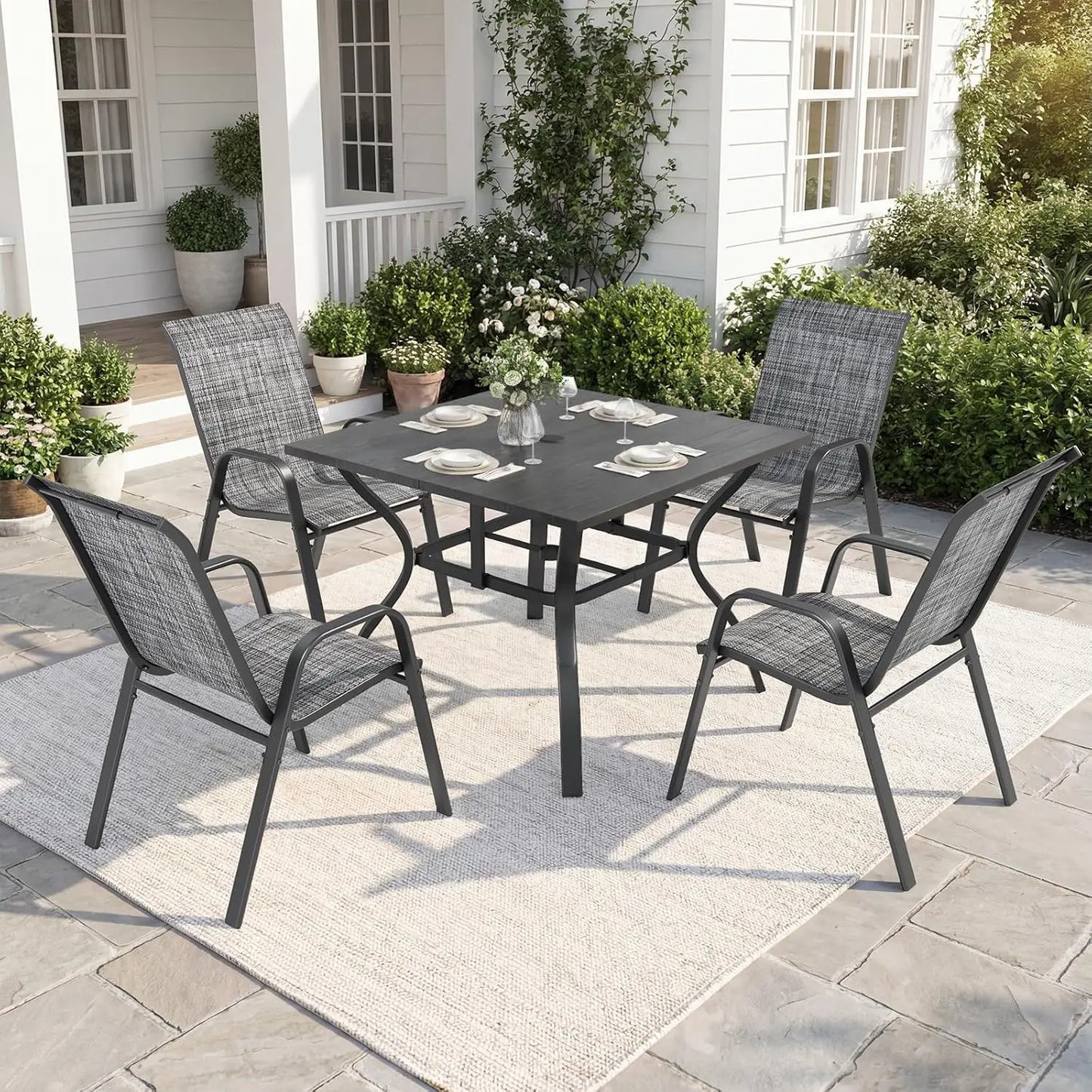 Outdoor Dining Set With Adjustable Umbrella Hole And Heavy Duty Metal Frame