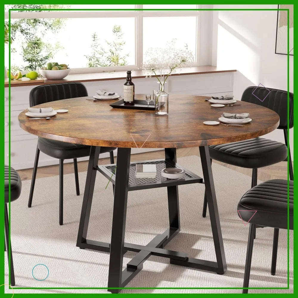 Round Dining Table With Storage Shelf And Modern Metal Legs