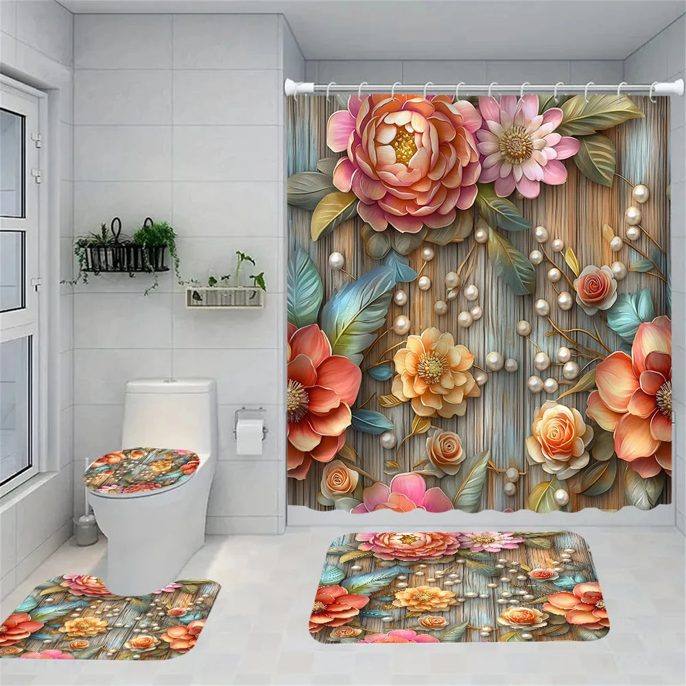Flower Bird Shower Curtain Set With Carpet And Toilet Seat