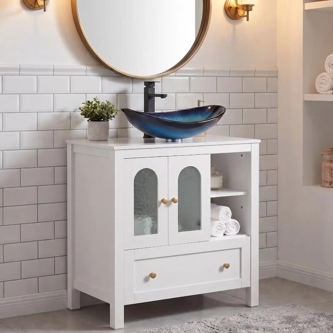 30" Bathroom Vanity with Sink, Freestanding Cabinet, 2 Water Ripple Doors & 1 Drawer, Soft-Close, Silver Glass Boat Sink, White,