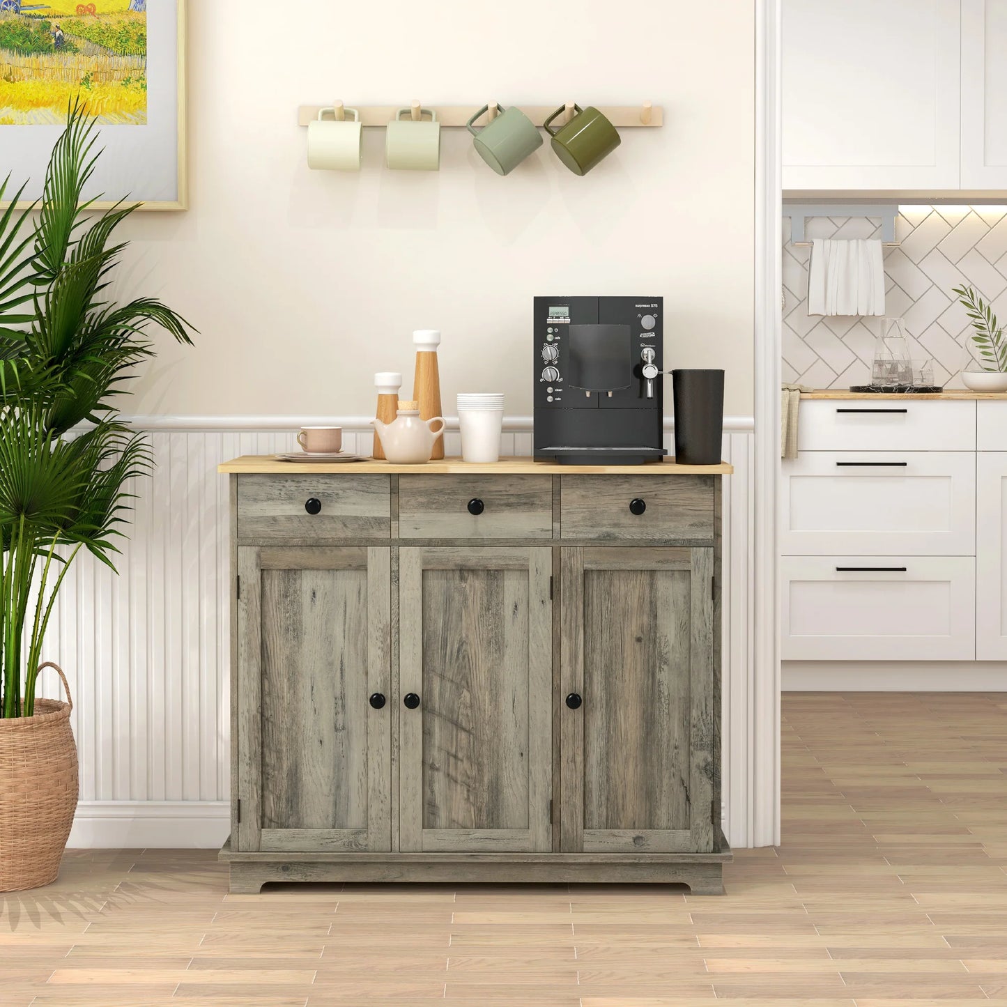 Homcom Sideboard Buffet Cabinet with Solid Wood Countertop, Modern Kitchen Storage Cabinet, Coffee Bar Cabinet with 3 Drawers, Doors and Adjustable Shelf, Distressed Gray