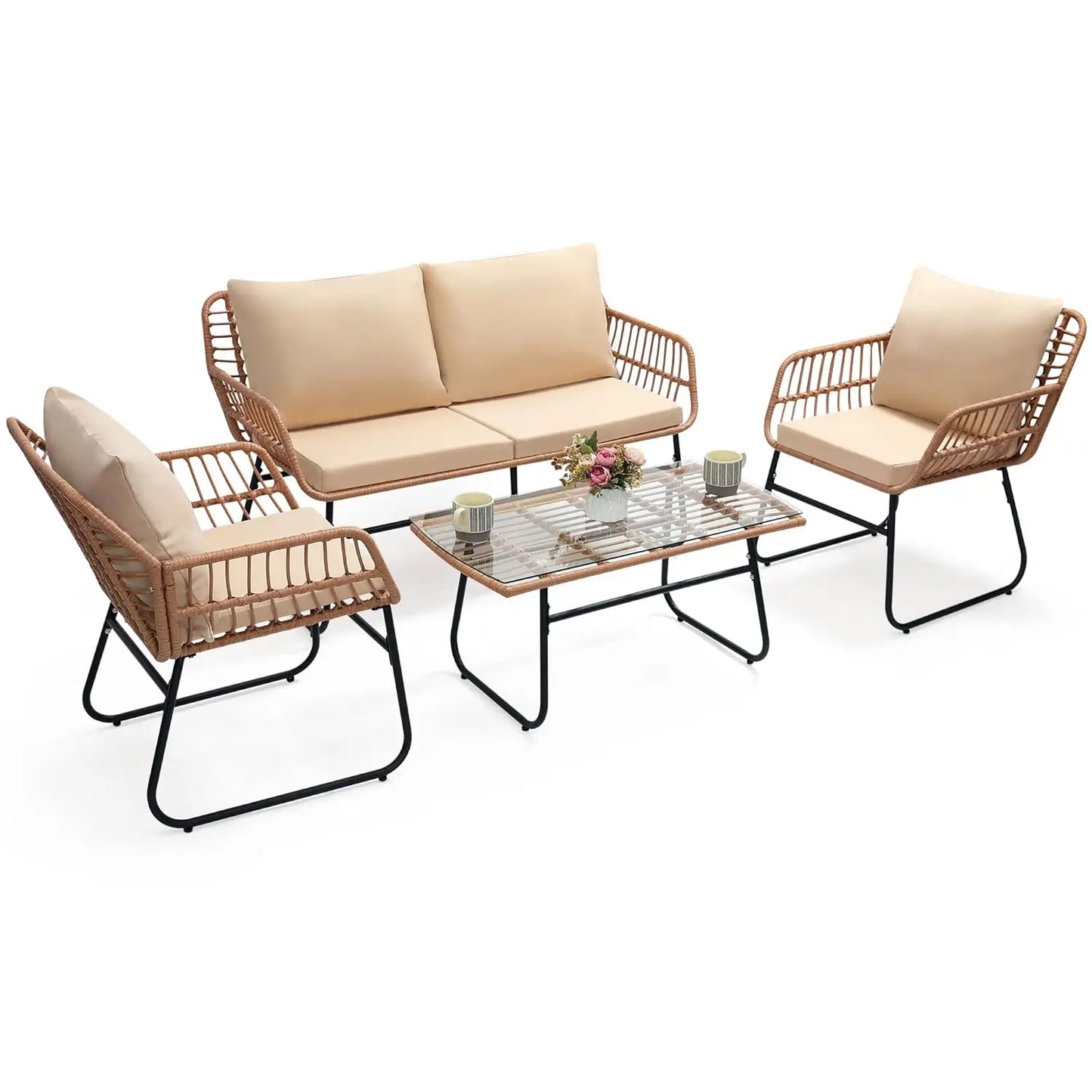 4 Piece Patio Bistro Outdoor Furniture Set, Wicker Sofa, 2 Rattan Chairs, and Table, Backyard Conversation Set, All, Customized