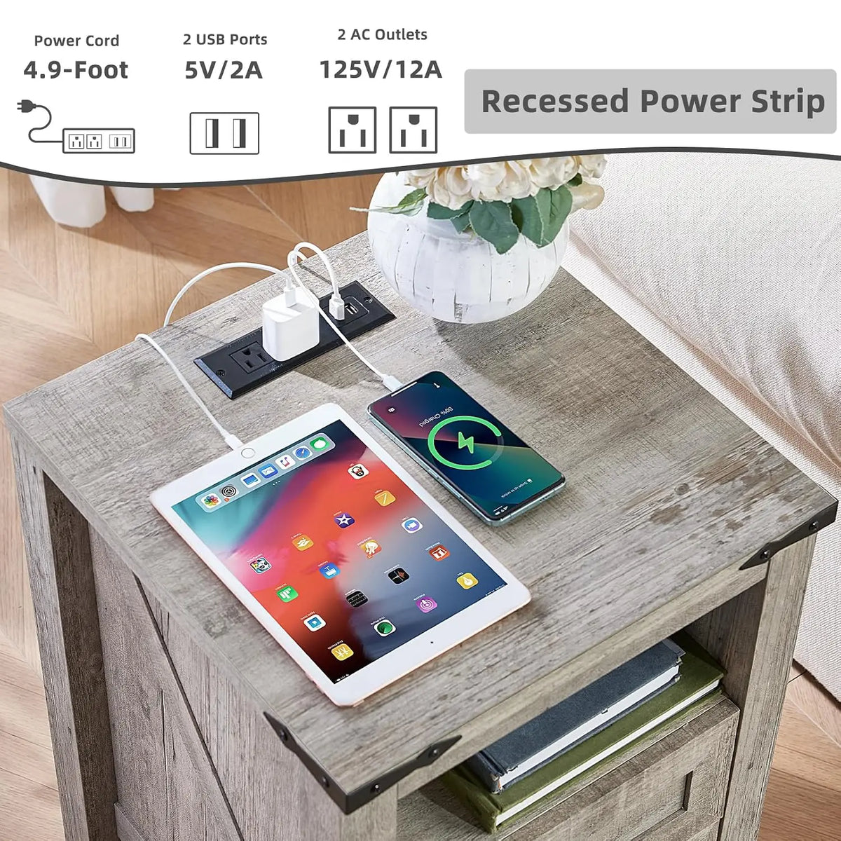 Set Of 2 Farmhouse Nightstands With Charging Station