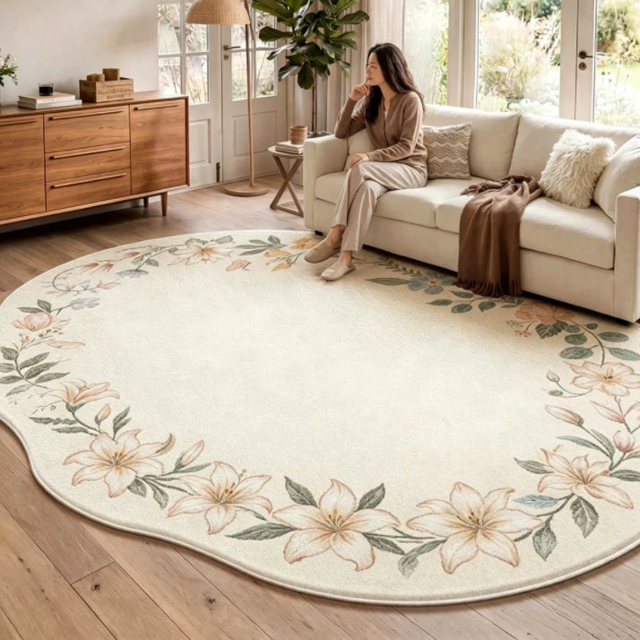Irregular Shaped Plush Rug For Living Room With Flower Pattern