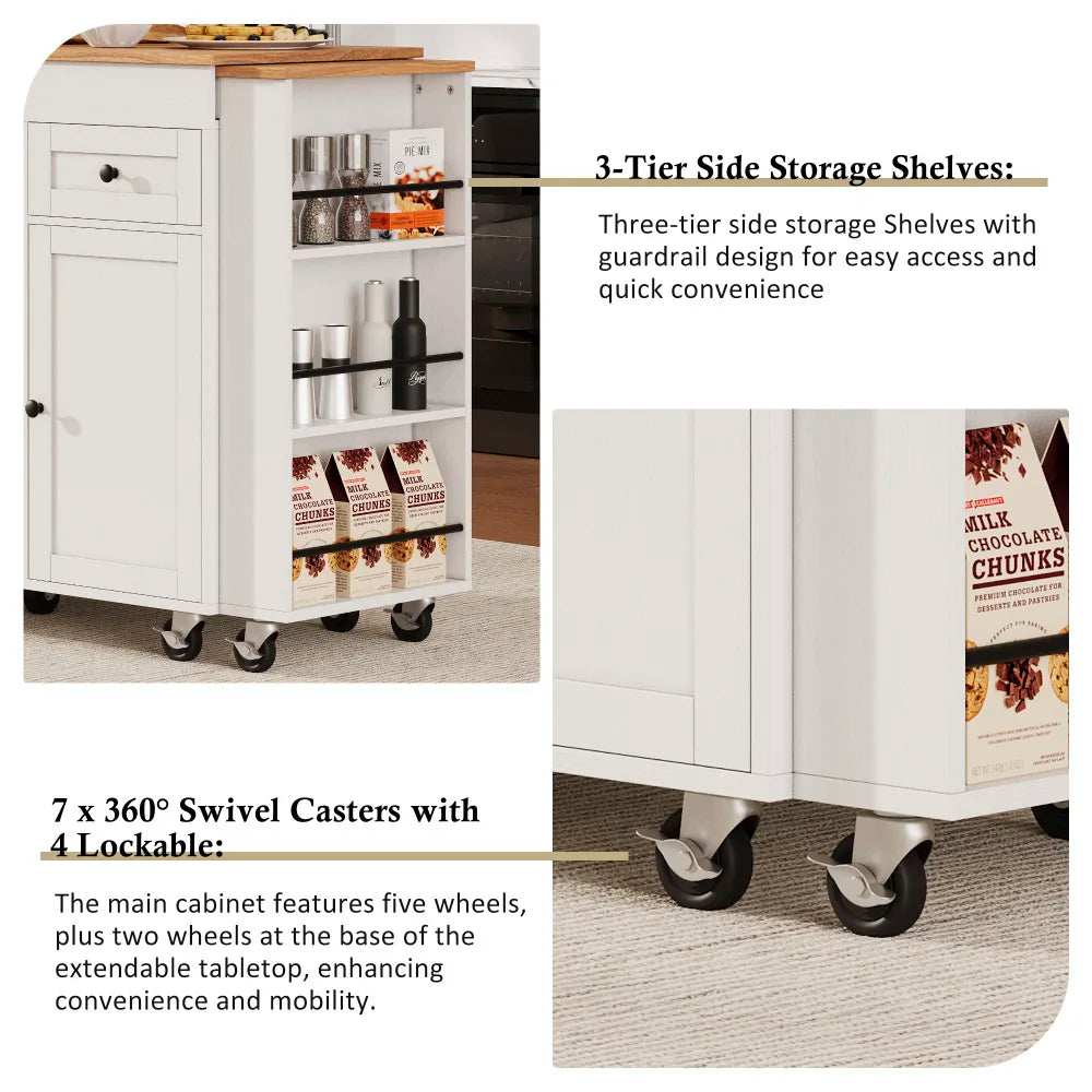 K&K 85.5" Kitchen Island with Extendable Dining Table, Kitchen Storage Table with 3 Side Open Shelves, Rolling Kitchen Island with Power Outlet, 3 Drawers, 2 Doors, for Kitchen, Dining Room, White