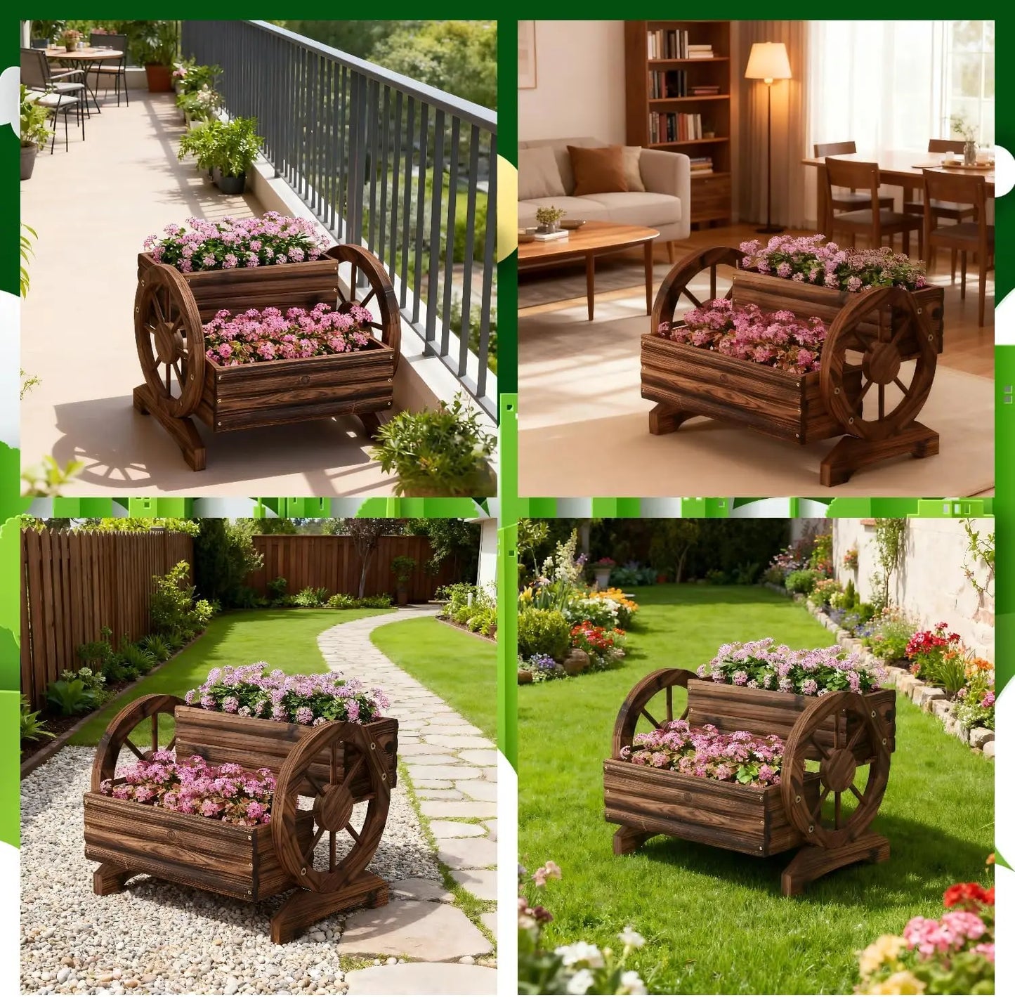 Wooden Wagon Planter With Wheels For Outdoor Garden Balcony Succulent