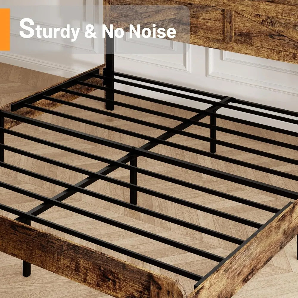 King Size Bed Frame with Barn Door Headboard, Wooden Platform, Metal Slats, Easy Assembly, Rustic Brown