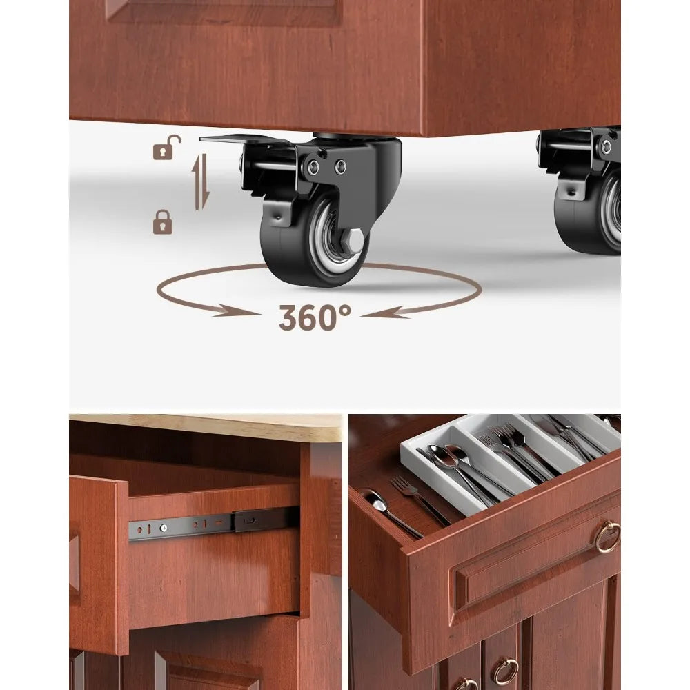 Kitchen Island Cart on Wheels with Drop Leaf Countertop Lockable Casters Two Drawers Storage Cabinet Double Doors Brown