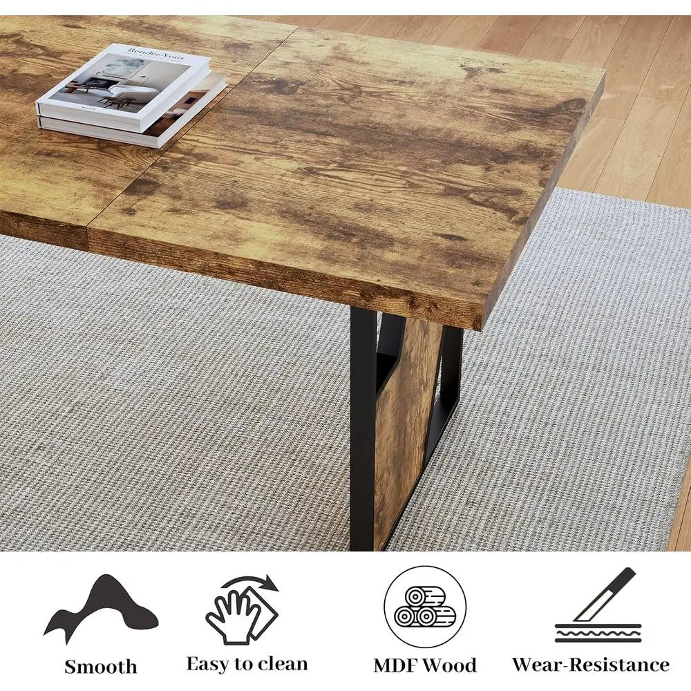 70.8" Wooden Dining Table with 2 Benches, ern Kitchen Table and Chairs Set or 4-6 Person, Thickened MD Wooden Table with Dining