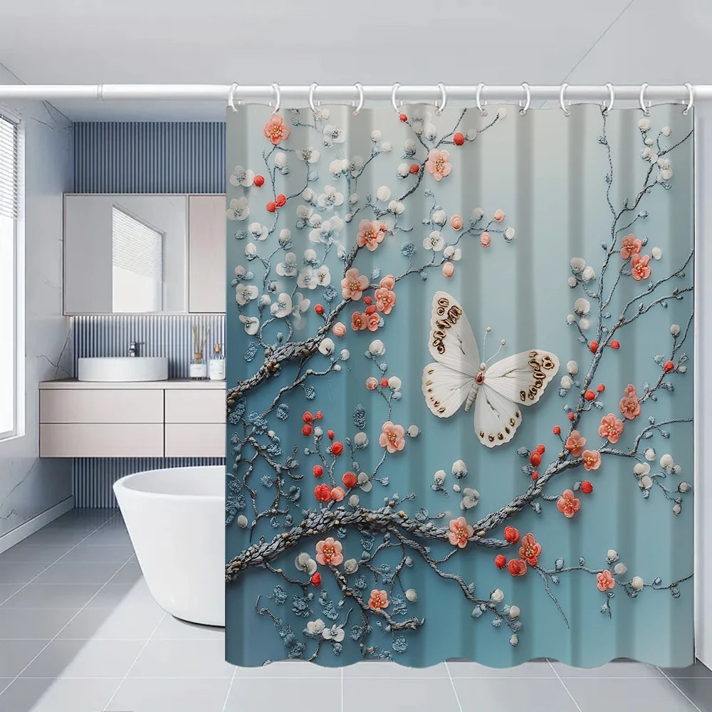 Flower Bird Shower Curtain Set With Carpet And Toilet Seat