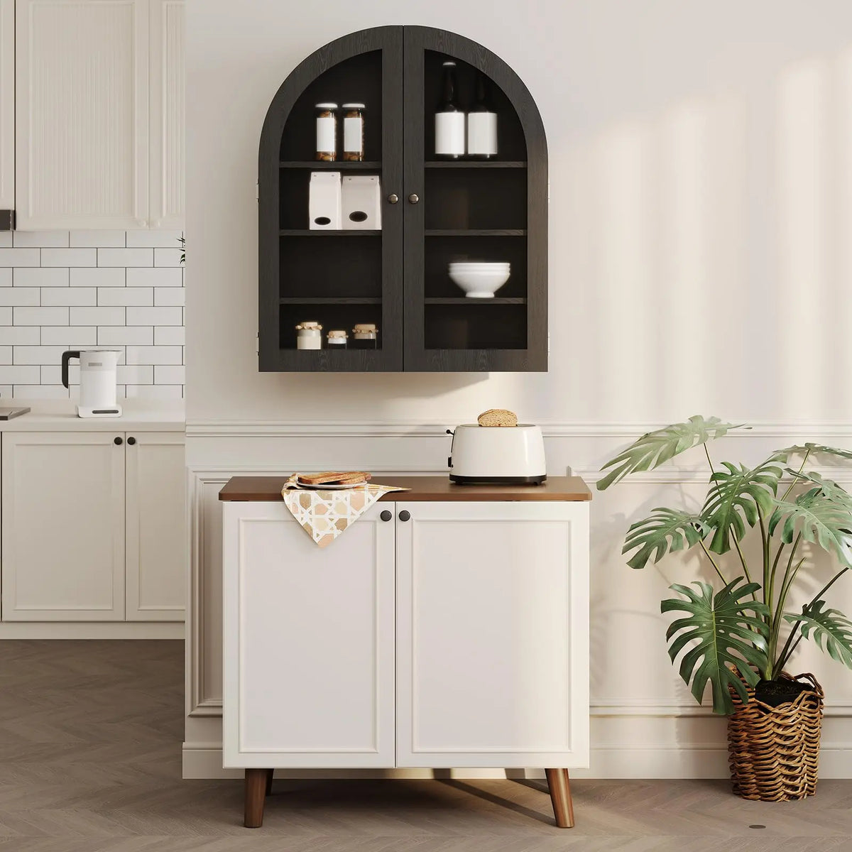 Arched Bathroom Wall Cabinet, Wall Mounted Display Cabinet with Glass Doors & Adjustable Shelves, Medicine Cabinet for Living Room Kitchen