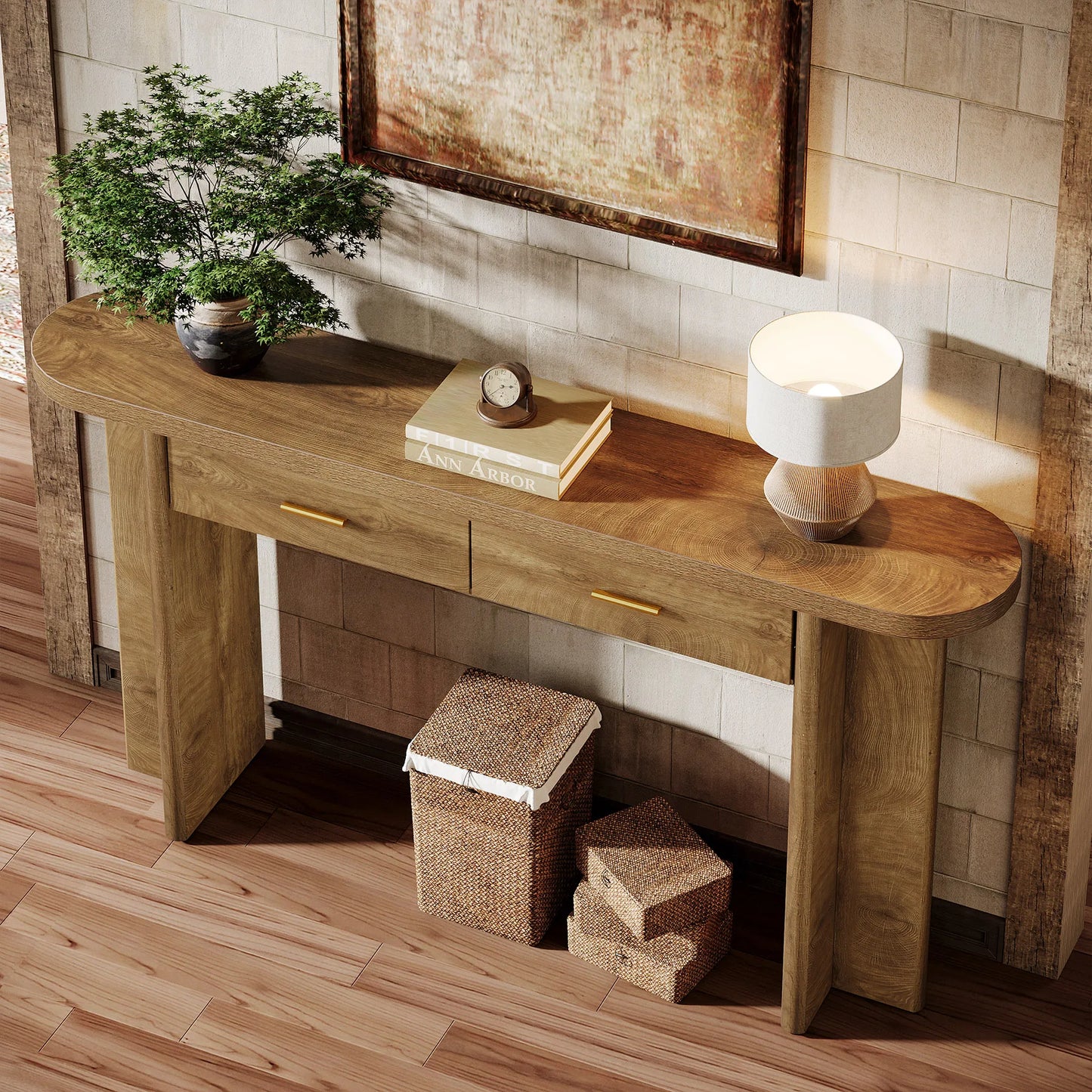 Tribesigns 63-Inch Console Table with 2 Drawers, Farmhouse Oval Curved Entryway Table with Storage for Living Room, Hallway, Entrance, Brown