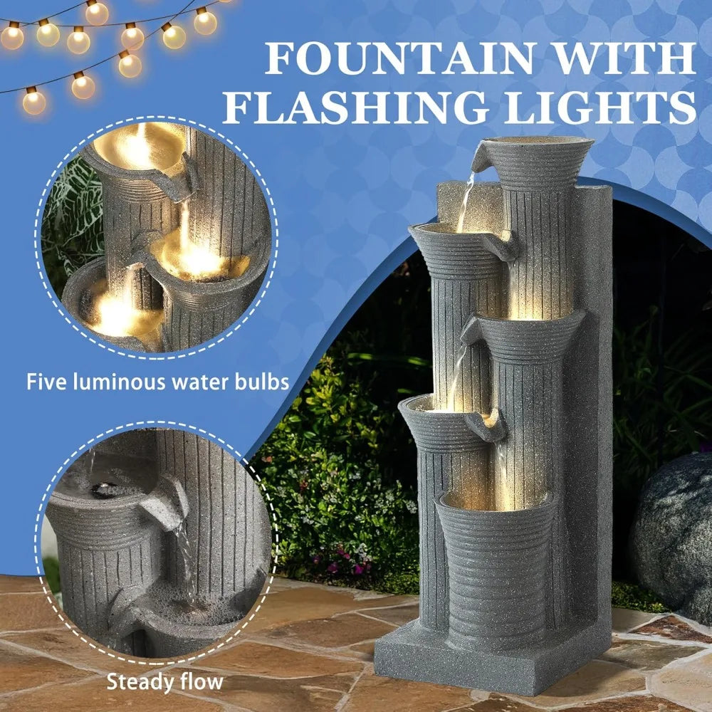 5-Tiers Outdoor Garden Water Fountain with Cascading Rock, Fountains and Waterfalls w/LED,