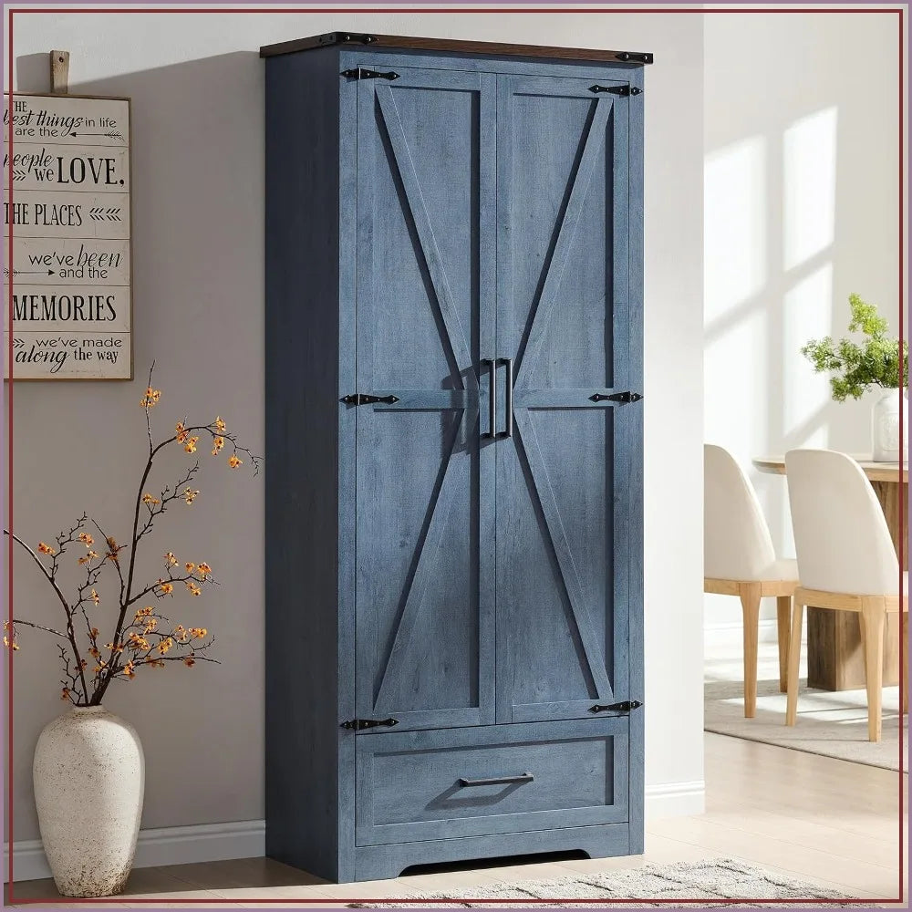 72" Farmhouse Pantry Cabinet, Wood Storage with Adjustable Shelves, Barn Doors & Drawer, Rustic Blue