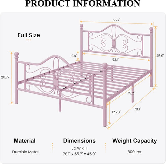 Kids Metal Bed Frame Butterfly Pattern Headboard And Footboard No Box Spring