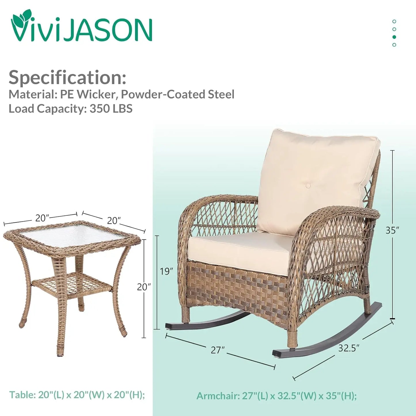 Outdoor Wicker Rocking Bistro Set Cushioned Chairs Glass Top Table