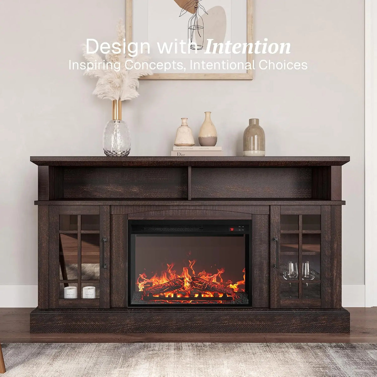 Rustic Entertainment Console With Electric Fireplace Sound And Storage