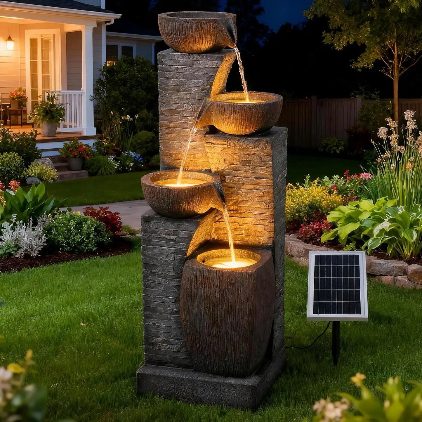 Five Tier Solar Outdoor Water Fountain With Led Lights
