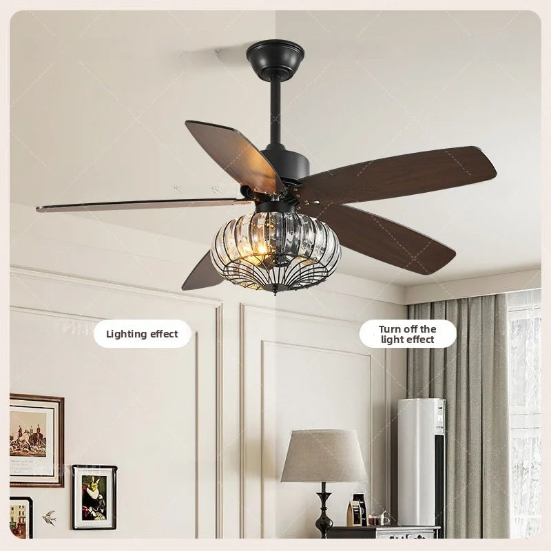 2026 Modern Simple Terrace Villa Fan Lamp Courtyard Ceiling Fan Lamp Retro American Style Crystal Electric Fan Integrated Lamp