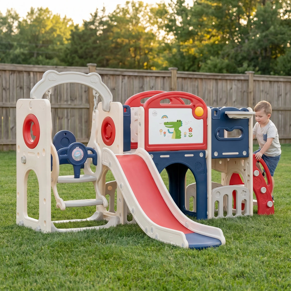 Kids Castle Playset With Slide Swing And Basketball Hoop