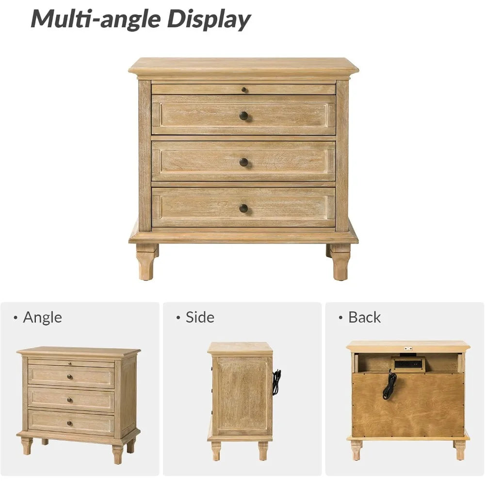 Farmhouse End Table With Charging Station 3 Drawers