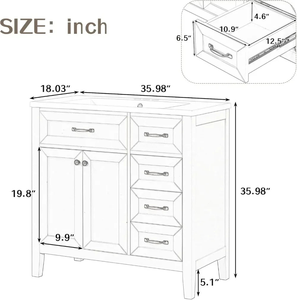 36 Inch Freestanding Bathroom Vanity with Ceramic Sink, Solid Wood Storage Cabinet, 3 Drawers & Soft-Close Doors in Black