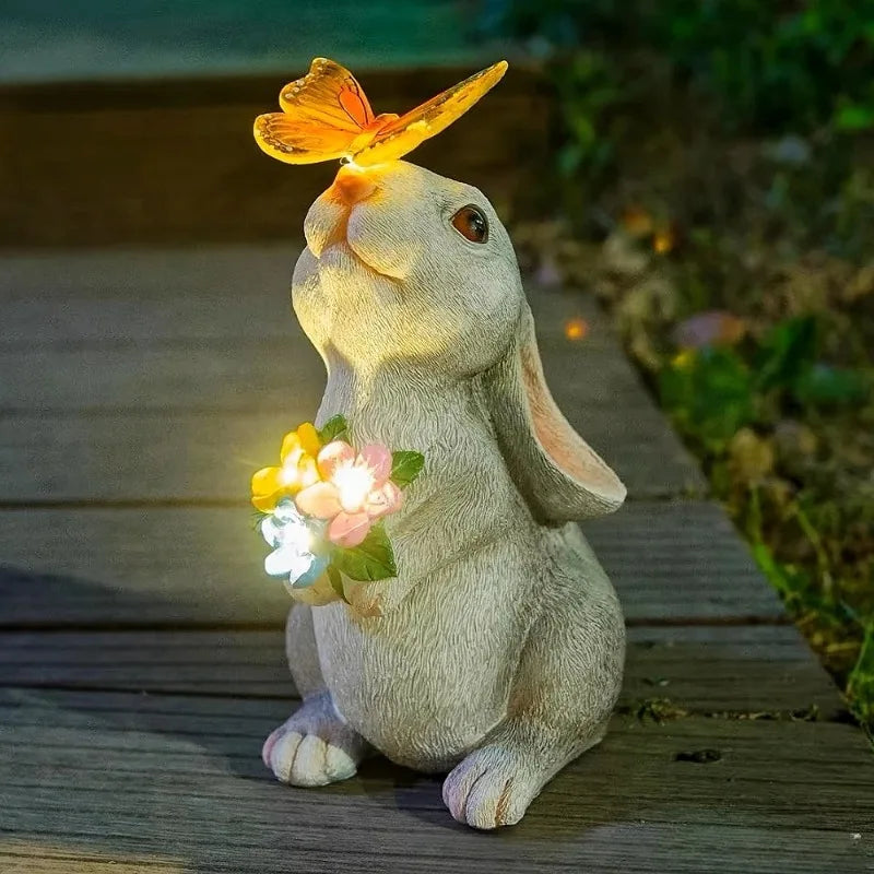 RTONTR Solar Bunny Statue With Butterfly LED Light Outdoor Decor