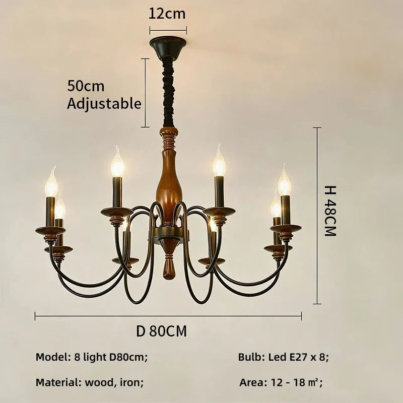 SaloEElaitte American Retro Wood Candle E27 Chandelier Pendant Light