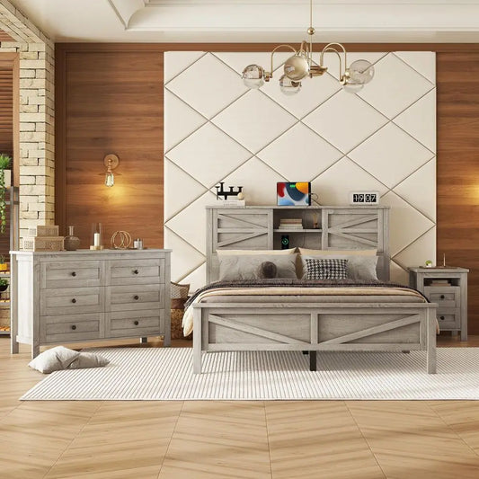 3-Piece Platform Bed Set With Nightstand And Six-Drawer Storage