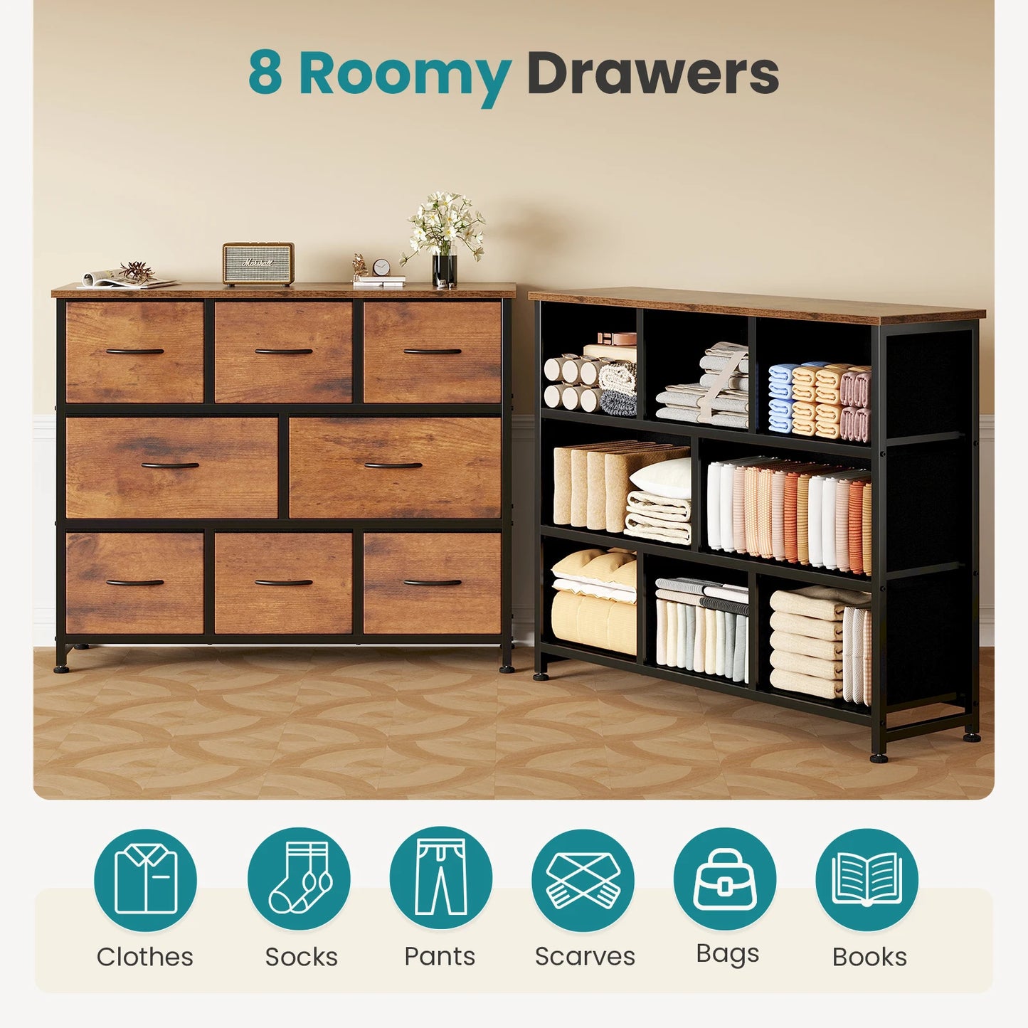 JHK Dresser with 8 Fabric Drawers Cabinet for Living Room Wide Storage Dressers for Closet Chests of Drawers with Wood Top and Mental Frame Storage Unit for Bedroom and Entryway