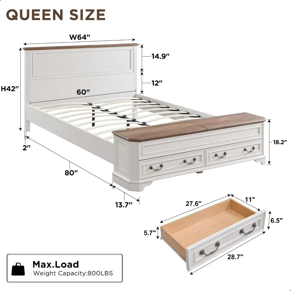 US Local Stock Best Choice Farmhouse Queen Bed with Headboard and Storage Chest Bench Rustic Wood Platform Bed with 64