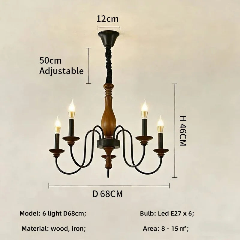 SaloEElaitte American Retro Wood Candle E27 Chandelier Pendant Light