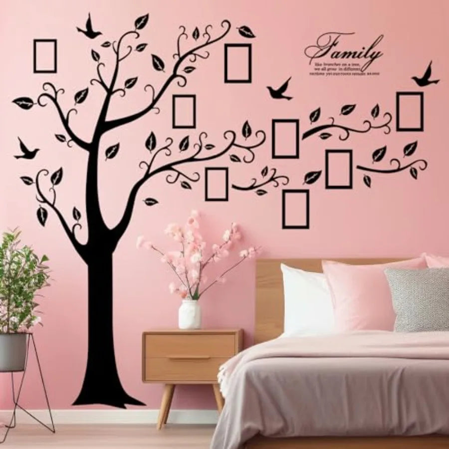 Large Family Photo Tree Wall Sticker 3D Peel and Stick Vinyl Photo Frame Tree Wall Decals Removable Quotes Leaf and Birds Wall