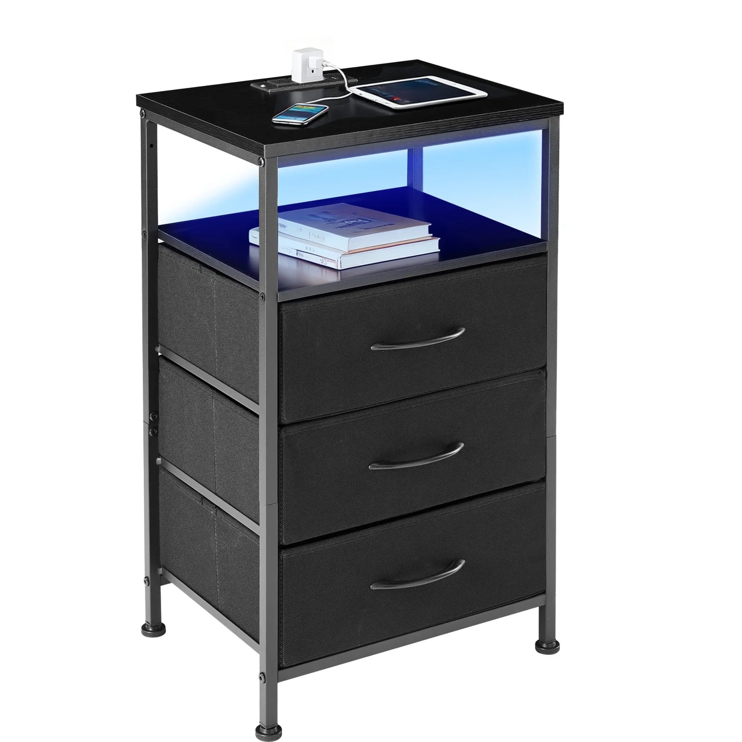 JHK 3 Fabric Drawers Cabinets with Charging Station Bedside End Table with USB/Type-C Ports Outlets Nightstand for Furniture