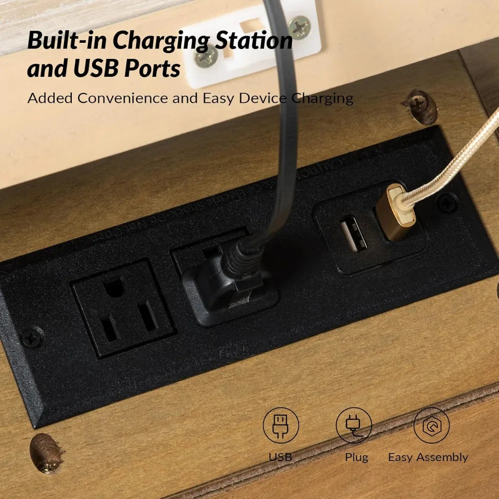 Farmhouse End Table With Charging Station 3 Drawers