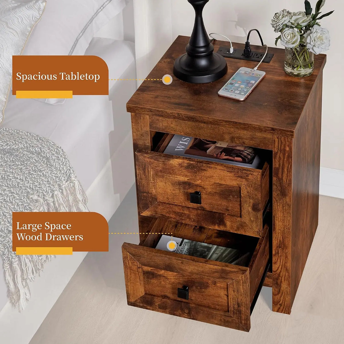 Nightstand Set of 2 with Charging Station & USB Ports, Wood Bedside Table with 2 Drawers for Bedroom, Customized